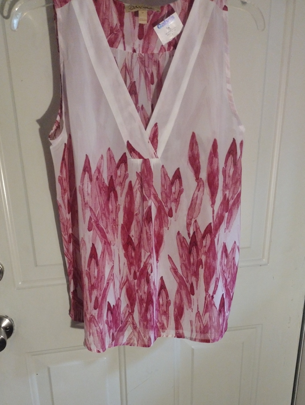 Sleeveless V-Neck Blouse with Pink Brushstroke Print